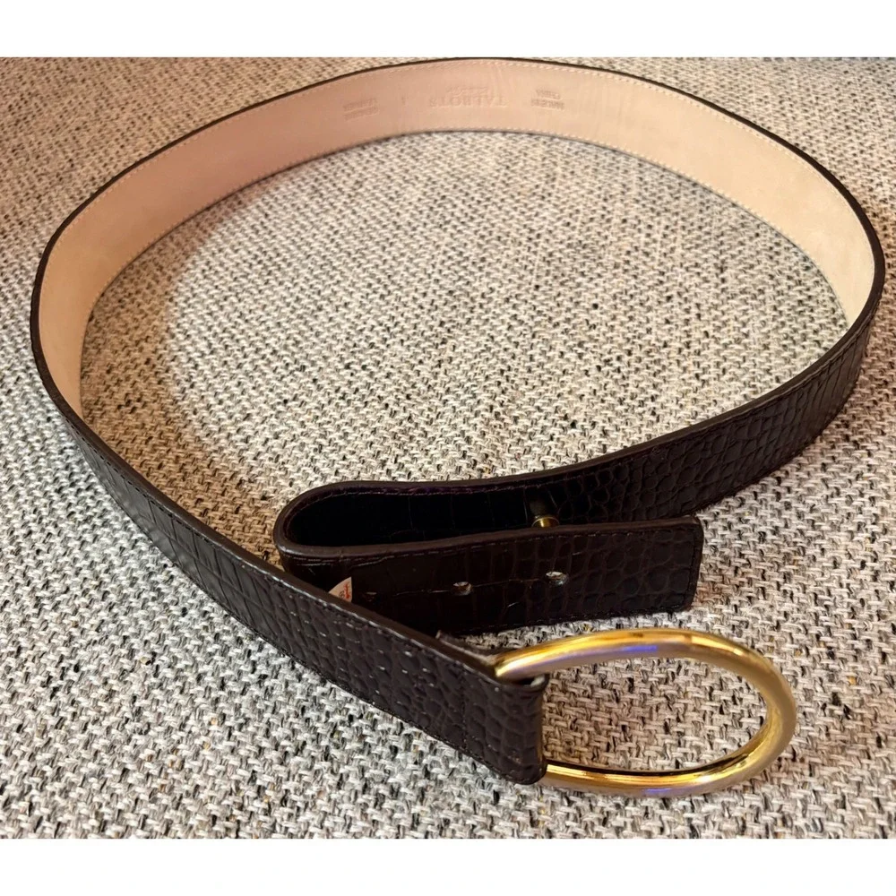 Talbots Womens Genuine Leather Belt Crocodile Embossed Brass Buckle L‎ EUC